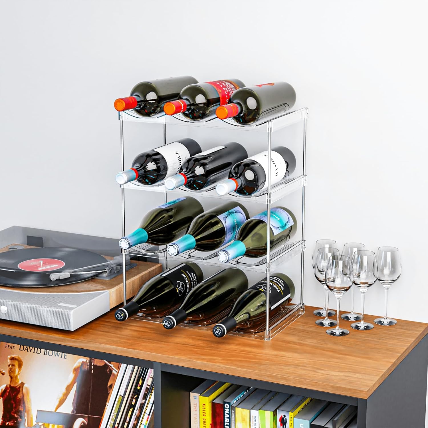 4 Tier Stackable Water Bottle Holder for Cabinet and Pantry- Large Compartment Water Bottle Organizer Rack for Wine Bottle and 40 oz Stanley Cup,Yeti and Tumbler Waterbottle Organizer Storage