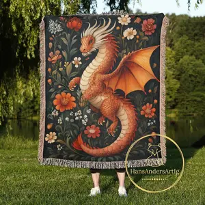 Dragon Art Woven Blanket Floral Throw Blanket Book Lover Decor Whimsigoth Style Dark Academia Cotton Blanket Fantasy Gift For Witchy Home
