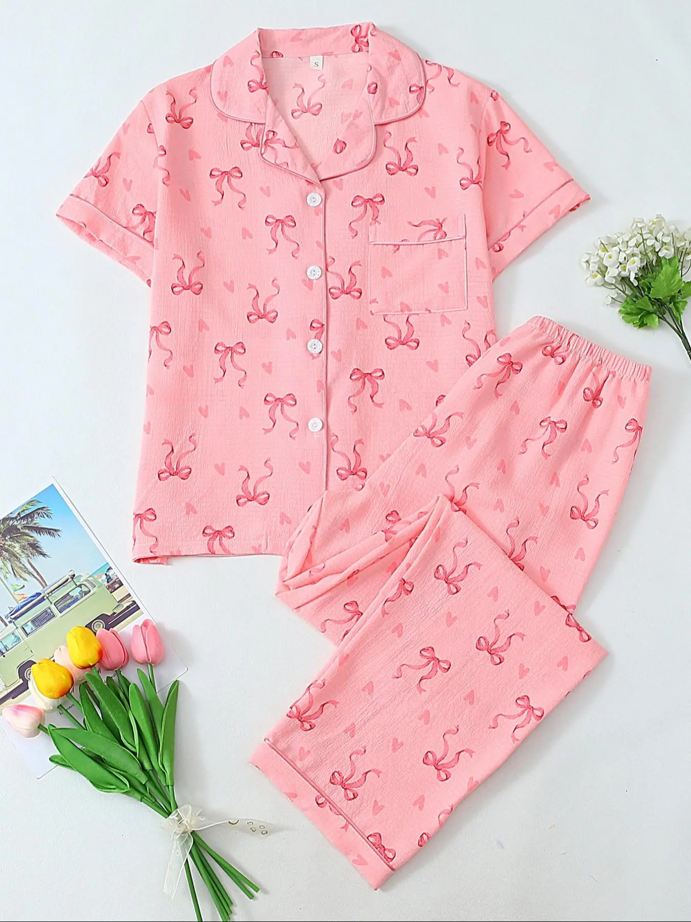 Women's Butterfly Print Short Sleeve Tee & Pants Pyjama, Ribbon Pajamas Set, Casual Comfy Round Neck T-shirt & Trousers PJ Set, Ladies Sleepwear for All Seasons, Loungewear, Lounge Matching Set, Pajama Set, Loungewear Homewear
