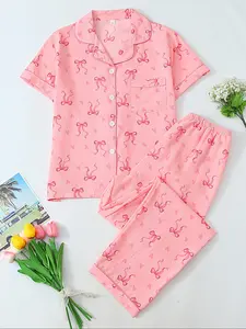 Women's Butterfly Print Short Sleeve Tee & Pants Pyjama, Ribbon Pajamas Set, Casual Comfy Round Neck T-shirt & Trousers PJ Set, Ladies Sleepwear for All Seasons, Loungewear, Pajama Set