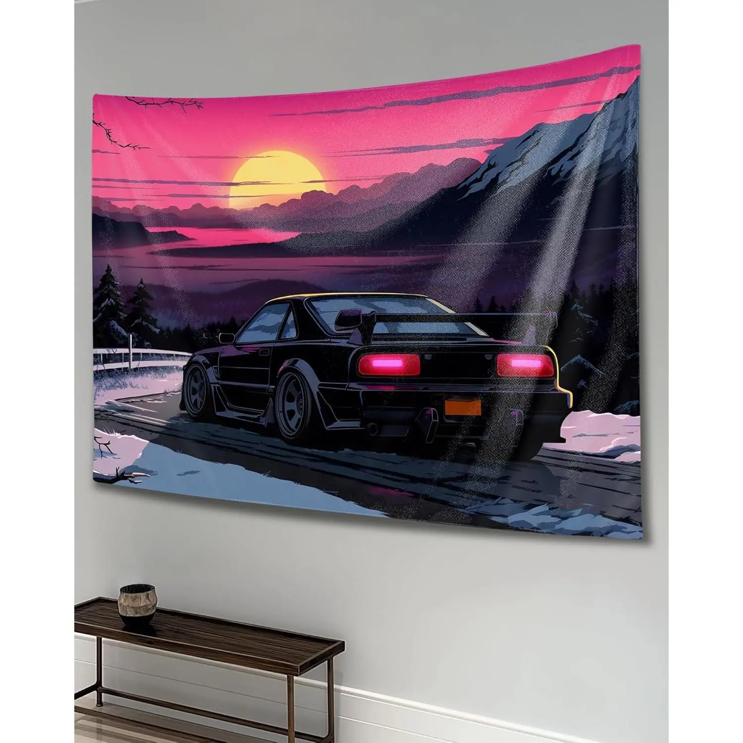 Car Wall Tapestry Car Flag Wall Art Anime Sunset Japanese S13 Jdm Tapestry Wall Hanging Decor for Bedroom Living Room Wall Decor for Men and Women