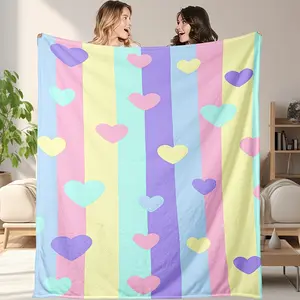Pastel Rainbow Stripes Cute Heart Print Flannel Blanket - Soft, Cozy, Warm, Fuzzy Plush Throw, Aesthetic Kawaii Gift for Teens, Women, Valentine's Day Bedroom Home Decor