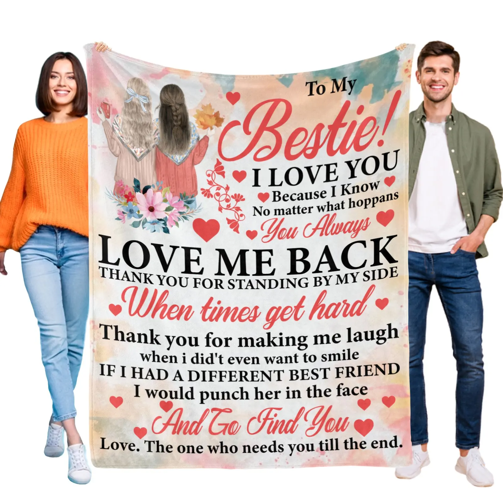 To My Bestie Blanket, Gift for Best Friend, Soft Flannel Throw Blanket with Bestie Silhouette & Loving Quotes, Ideal for Home Decor