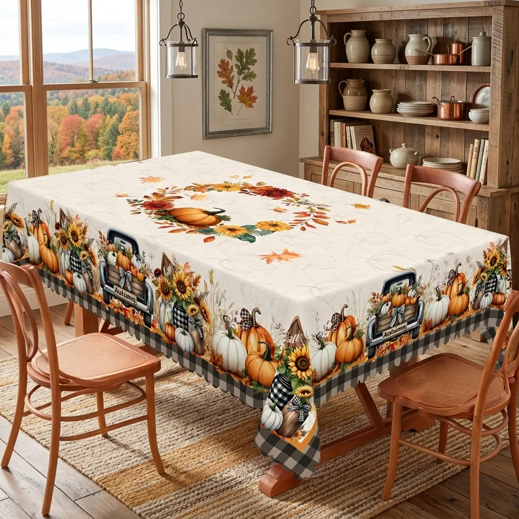 Fall Pumpkin Truck Tablecloth, Autumn Sunflower Farmhouse Table Cover for Dining Table, Kitchen, Thanksgiving and Harvest Decor