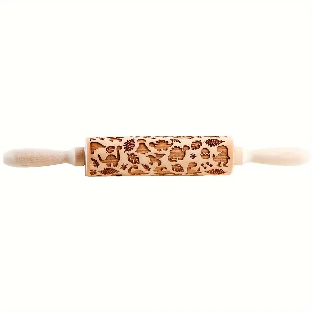 1pc 13.7-Inch Oblong Embossing Wooden Body Rolling Pin with Dinosaur Animal Theme Pattern, Corrosion Resistant Non-Slip Durable Bakeware for Cookie & Pastry Baking, Christmas Gift Ideas