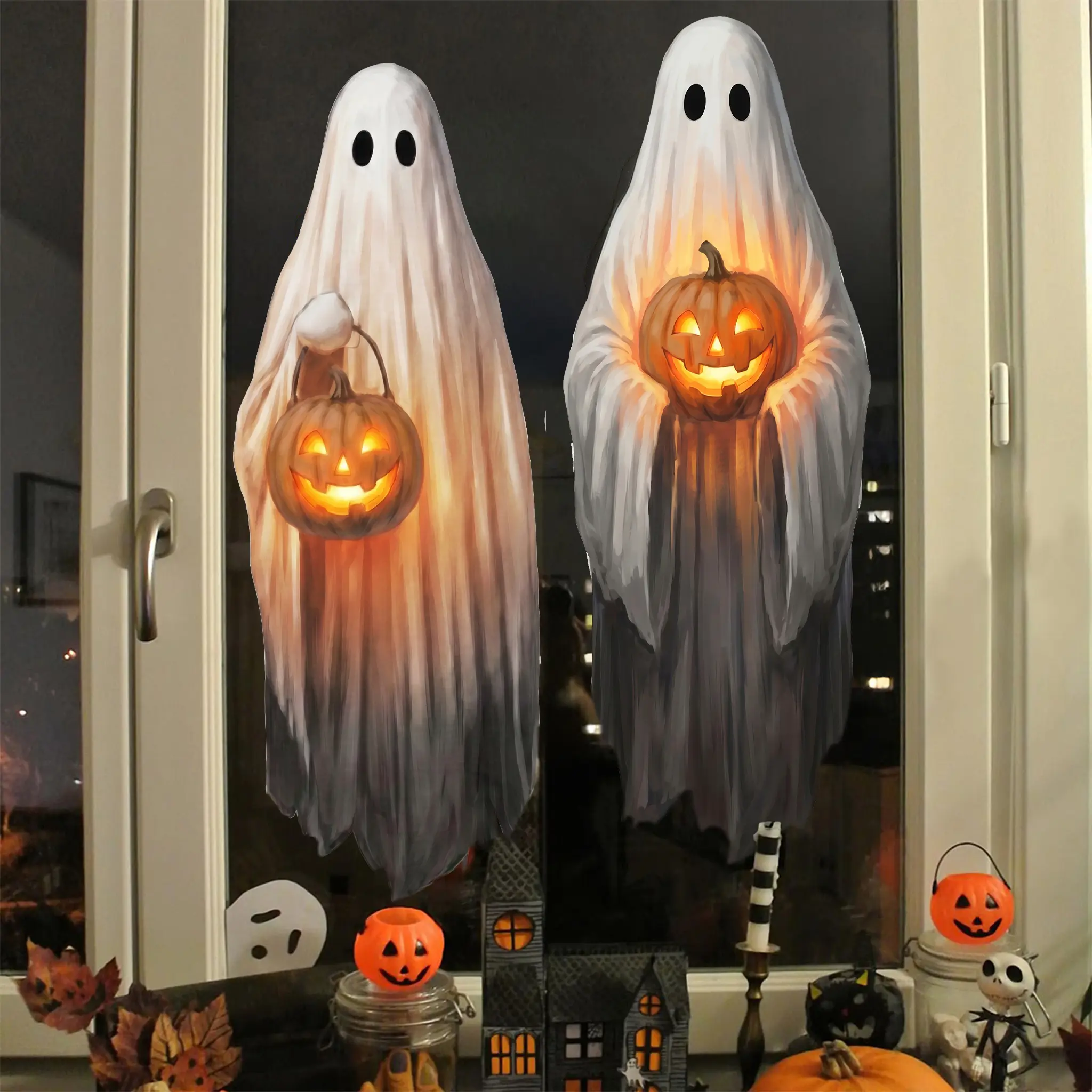 2 Ghost Window Decor, Large Halloween Window Clings Decorations, Spooky Ghosts Silhouette Window Stickers Decals, Halloween Window Silhouettes Decor For Glass Windows, Indoor Outdoor Halloween Window Decor Supplies, Party Favor For Home Door