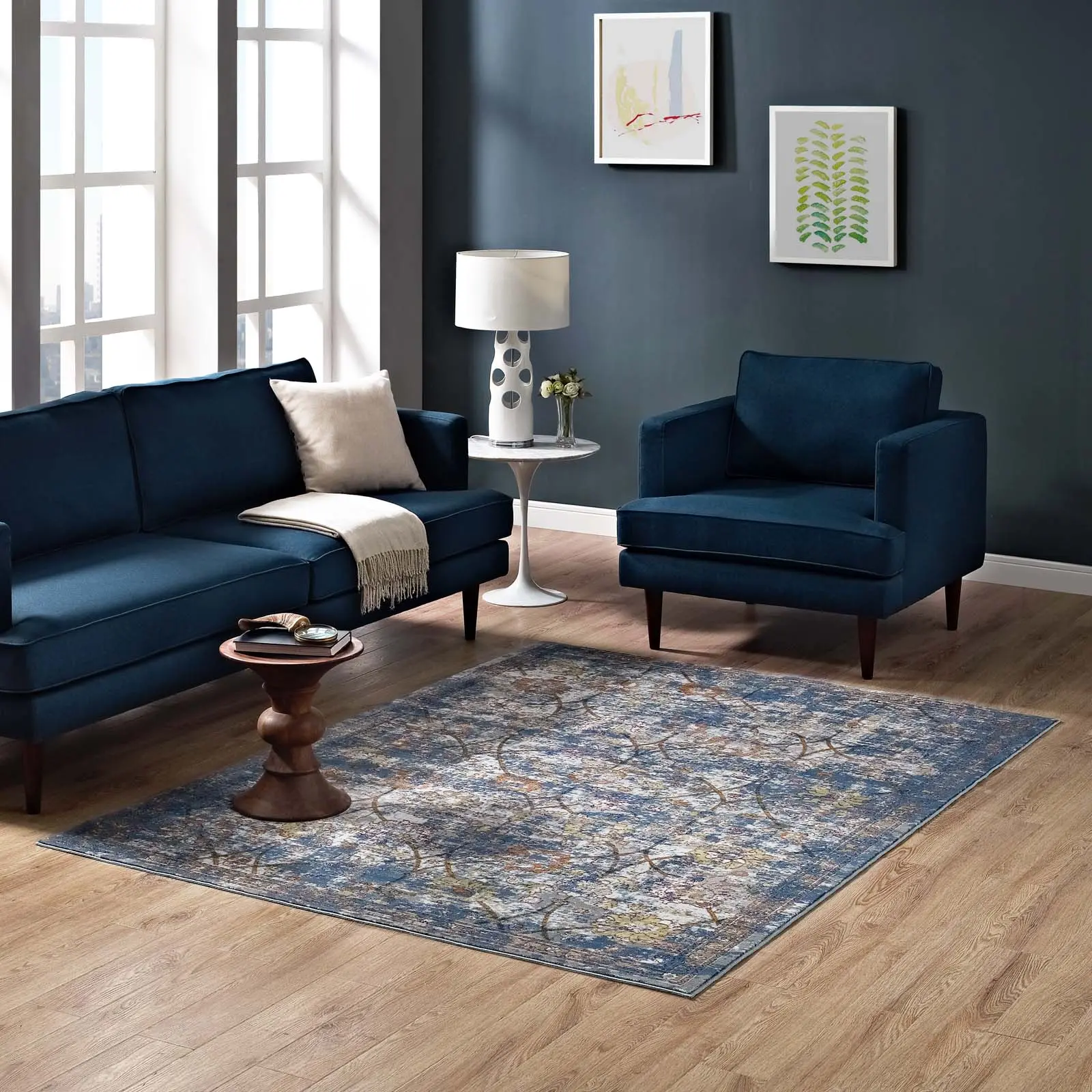 Modway Minu 5x8 Indoor Home Decor Rug - Distressed Floral Lattice Modern Decorative Flower Pattern Floor Rug in Blue Gray, Yellow, Orange, Decorative Area Rug
