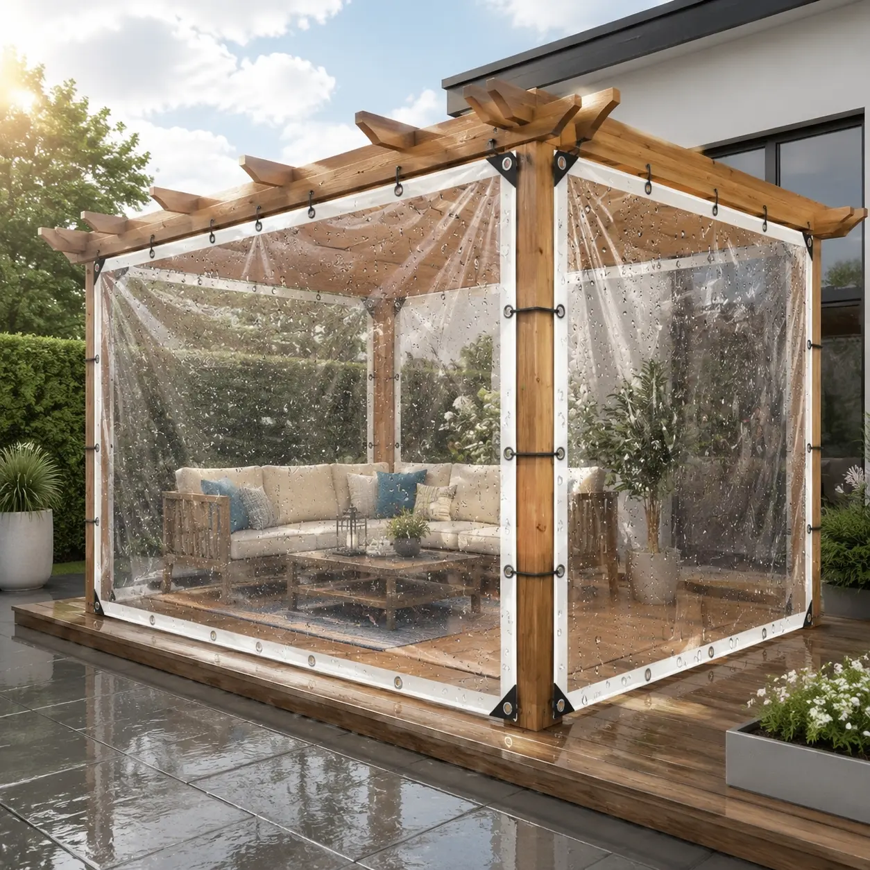 Transparent Clear Vinyl Tarpaulin 10 × 13 Ft, Heavy-Duty Outdoor Waterproof Canopy, Windproof Portable Cover with Reinforced Circular Fixing Holes for Patio and Plant Shelter