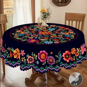 PLUMLIK Vibrant Mexican Floral Tablecloth, Ethnic Style Rectangular Round Table Cloth, Vintage Indoor Outdoor Home Dorm Decor, Suitable for Holiday Gatherings Wedding Birthday Party Decoration, Daily Restaurants Kitchen Accessories