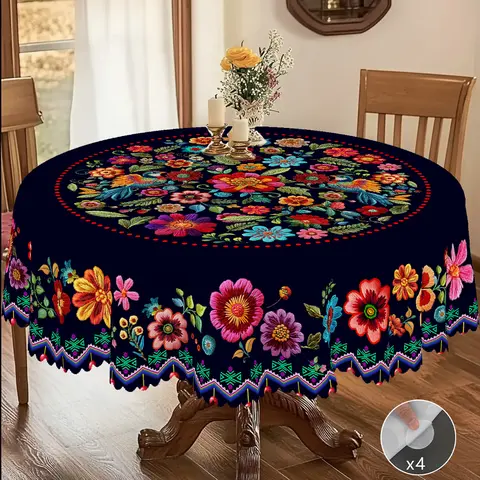 【Moving Season】PLUMLIK Vibrant Mexican Floral Tablecloth, Ethnic Style Rectangular Round Table Cloth, Vintage Indoor Outdoor Home Dorm Decor Holiday Gatherings Wedding Birthday Party Decoration Daily Restaurants Kitchen Accessories Día de los Muertos
