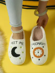 Women's Indoor Soft Plush Slippers, Warm Home Slippers, Moon Clock Pattern, Non-Slip Rubber Sole, Fashionable Fall & Winter Footwear, Comfortable Home Use