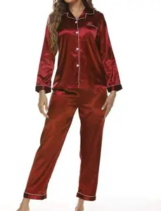 Silky Long Sleeve 2 Piece Pajama Button Up Top & Matching Silky Pants in Wine Red or Black, Sizes Small-2X | Charlotte's Classy Closet