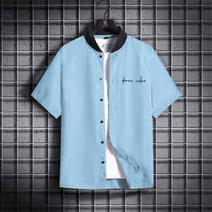 Men's Light Blue Short Sleeve Baseball Shirt - "Dream Maker" Handwritten Print, Contrast Black Collar, Button Front Closure, Modern Casual Style, Urban Everyday Wear