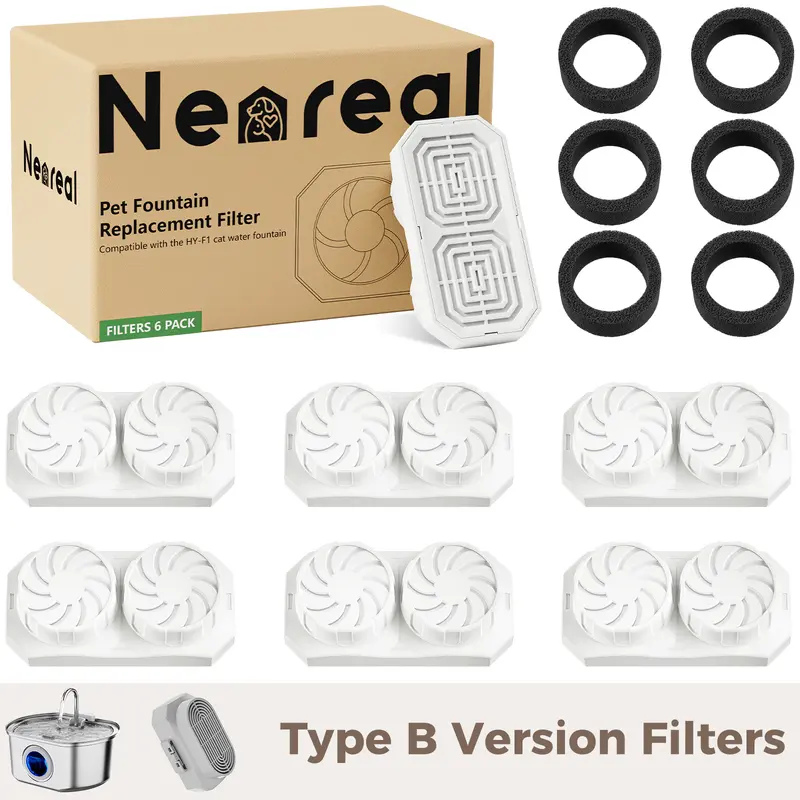Neareal Official B-Series 6-Pack Replacement Filters with Pre-Filter Sponges for 108 oz/3.2 L Stainless Steel New Model Cat Water Fountain, Advanced Triple-Layer Filtration, Water Softening Resin, 0.5-Month Supply Per Unit, Easy Prep, Pet Feeding Supplies