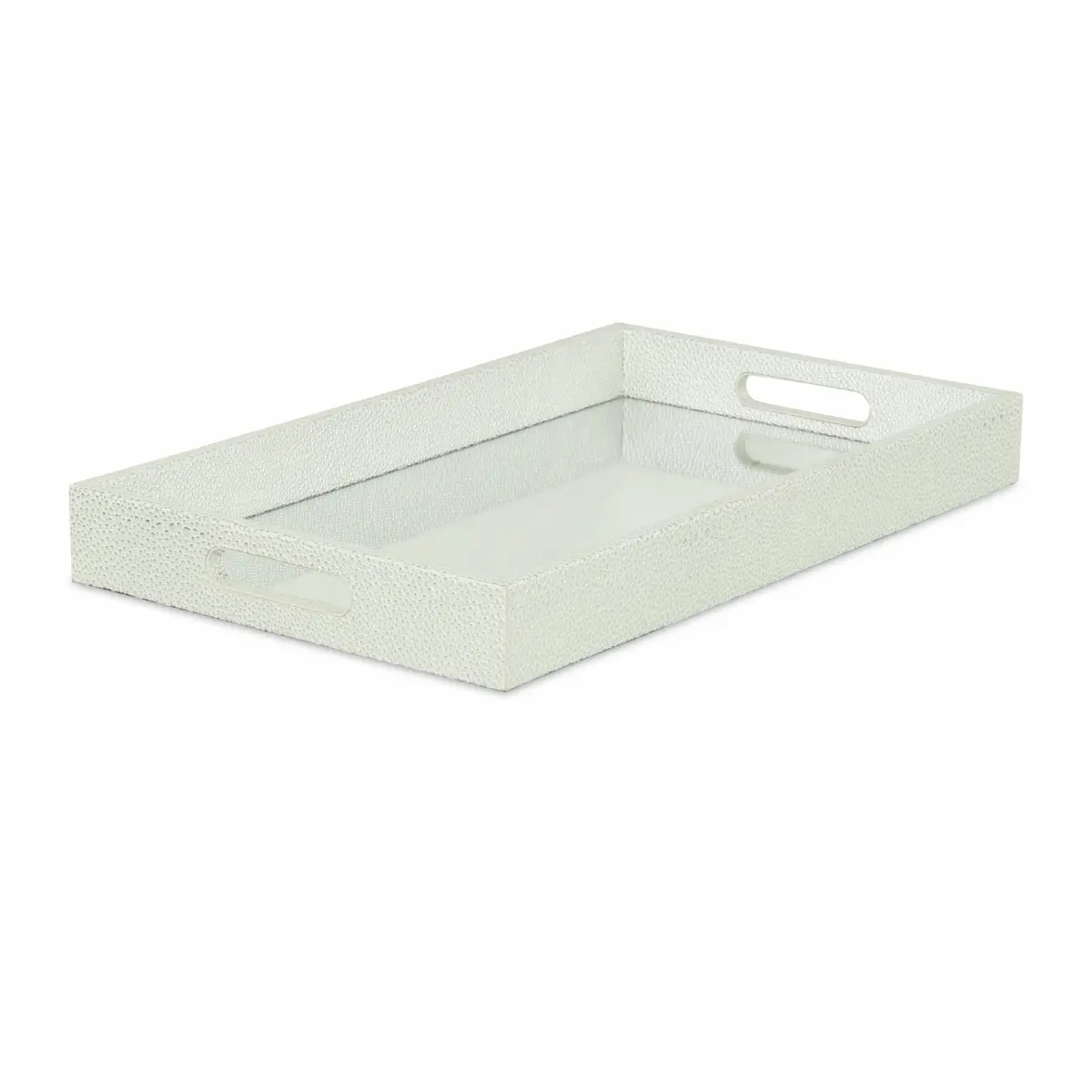 HomeRoots 483295 16 in. Rectangular Wood Handmade Tray with Handles, White & Silver