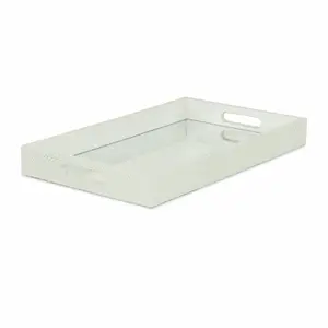 360 Stand 16 in. Rectangular Handmade Wooden Tray with Handles, White & Silver, Synthetic Material