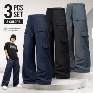 3-pack men’s loose cargo pants, wide-leg relaxed fit with drawstring waist—lightweight, stretchy streetwear casual pants suitable for outdoor activities, sports, casual wear, and everyday use; perfect street style.
