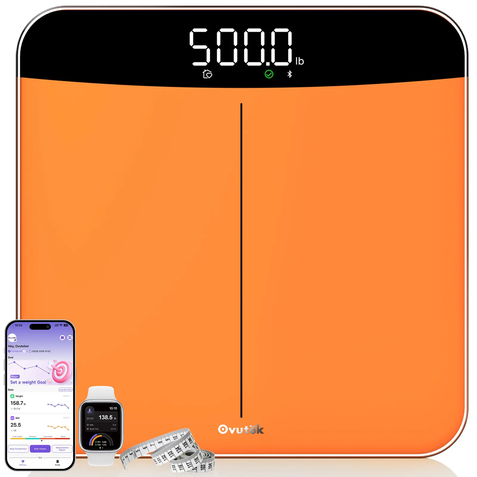 OVUTEK Digital Bathroom Scale, 500lbs Smart Body Weight Scale with App for Body Weight Trends, Precision to 0.05lb, Large Clear LED Display, Ideal for Adults, Babies & Pets, Home Use