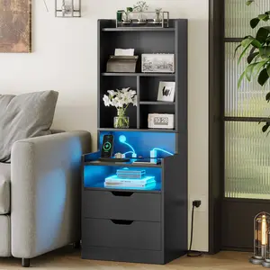 SIKAIC LED Tall Nightstand Cabinet - Modern Furniture, Bedroom Table with 2 Storage Drawers, Open Storage Space, Bookshelf, Built-in Charging Station for Bedroom