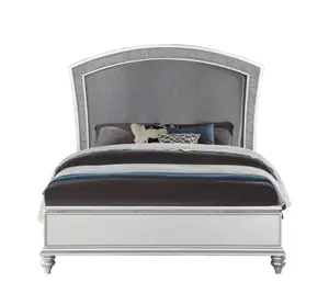 Maverick Platinum Fabric California King Panel Bed Frame - Arched Top Padded Headboard, Rhinestones Inlay, Poplar Wood Construction - 88.0"W x 92.0"D x 64.0"H