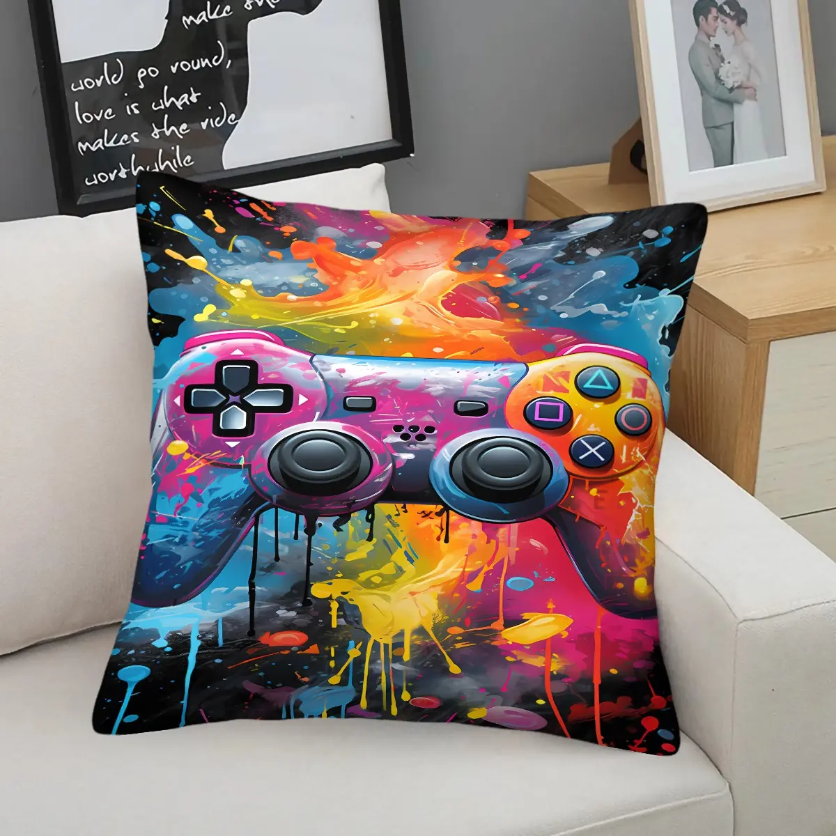 Neon Gaming Controller Throw Pillow,Cyberpunk Gamer Accent Cushion,Vibrant Graffiti Style Game Print Pillow,Soft Decorative Pillow for Sofa,Gaming Chair & Bedroom,Perfect Gift for Teens & Gamers