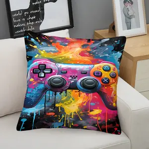 Neon Gaming Controller Throw Pillow,Cyberpunk Gamer Accent Cushion,Vibrant Graffiti Style Game Print Pillow,Soft Decorative Pillow for Sofa,Gaming Chair & Bedroom,Perfect Gift for Teens & Gamers