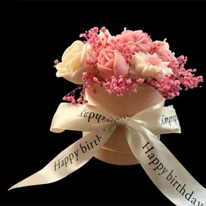 Candle Flowers Bucket with Pink and Cream Roses and Baby's Breath for Birthday Celebrations