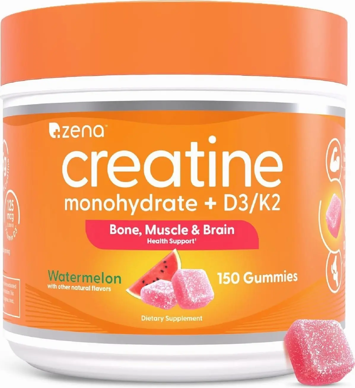 Zena Nutrition Creatine Gummies with D3 & K2, Creatine Monohydrate for Men and Women, Supports Bone, Muscle, & Cognitive Health, Gummy Workout Supplement, Watermelon Flavor, 150ct, 30 Daily Servings