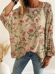 Spring Summer Women's Knit Top, One Shoulder Hollow Out Batwing Sleeve, Colorblock Floral Print, Casual Elegant Commuter Wear