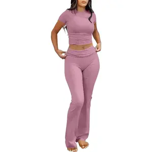 Lounge Sets for Women 2 Piece Foldover Yoga Flare Leggings Pants Crop Tops Casual Y2K Outfits Matching Tracksuit SetGift
