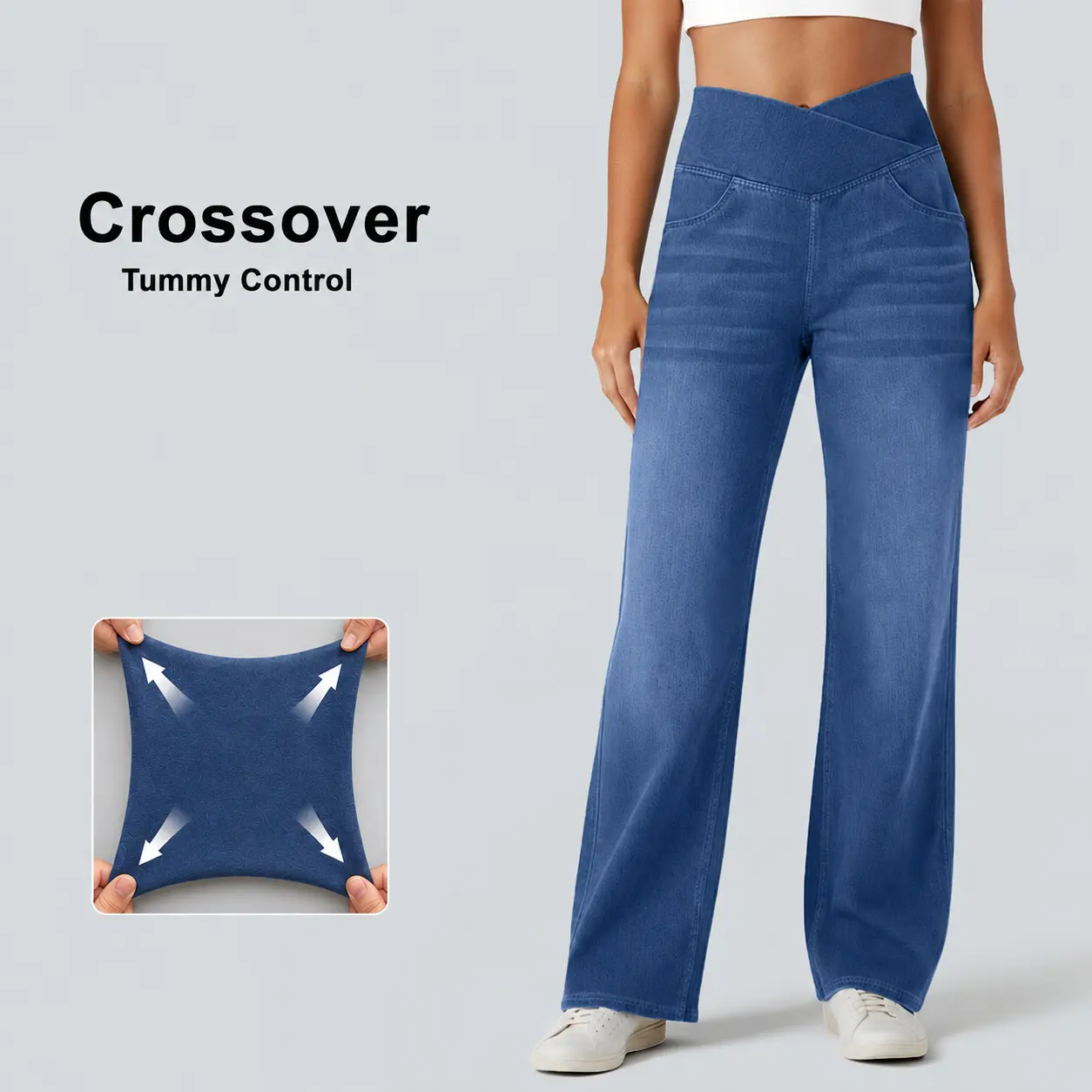 FireSwan Women's Greenish 2026 Crossover High-Waisted Tummy Control Jeans, Casual Straight Wide-Leg Denim Clothes with Pockets for Outdoor Fun #TikTokShopSpringGlowUp,summerwins,back to school shopping
