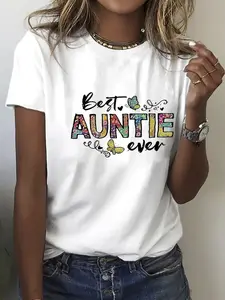 Women's White T-Shirt with "Best Auntie Ever" Slogan & Colorful Butterfly Print - Aunt Gift Idea Casual Short Sleeve Round Neck Top for Family Events Grandma/Niece/Niecey Outfit (Machine Washable)