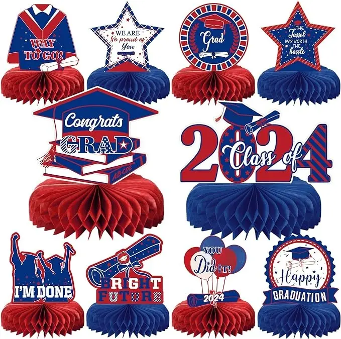 10PCS Graduation Party Decorations Class of 2024 Congrats Grad Table Centerpieces Congratulate Graduation Honeycomb Table Toppers for Graduation Party Supplies