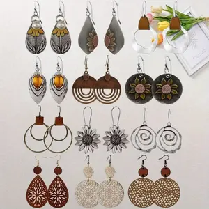 12 Pairs Boho Vintage Geometric Round Earrings, Wooden Leather Earrings Ethnic Style Vintage Sunflower Earrings Christmas Earrings for Women, Great For Birthday, Party, Christmas, Wedding Anniversary