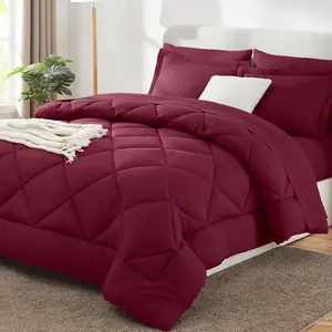 King Comforter Set 7 Pieces Bed in a Bag Burgundy All Season Bedding Sets with Comforter, Pillow Shams, Flat & Fitted Sheet and Pillowcases, King