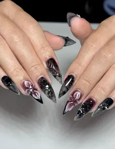 Gothic Dark Flower Press On Nails | 3D Pink Floral & Dark Marble Design | Black Clear Stiletto Nails | Handmade Grunge Flower Nails | DB540H