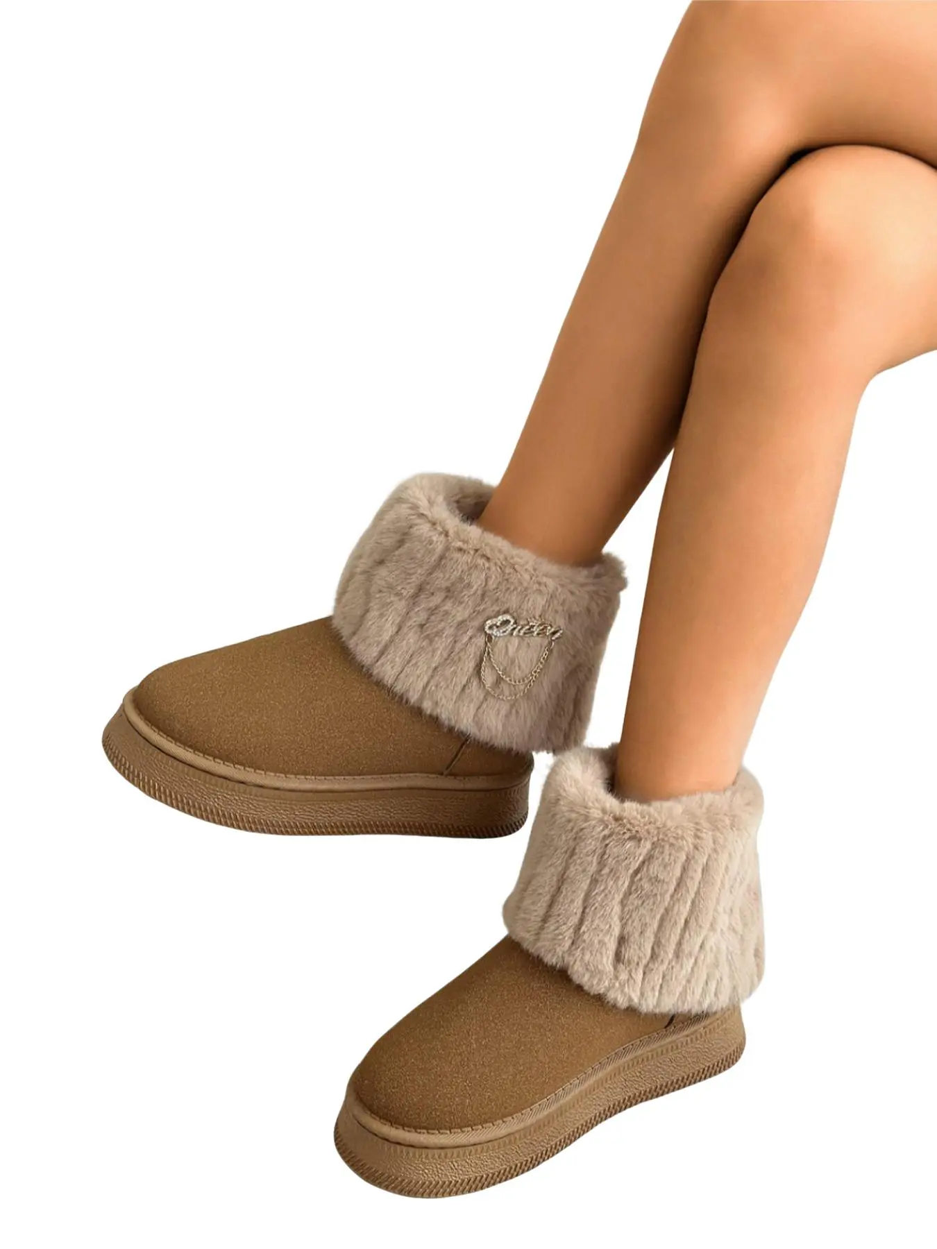 Women's Fashionable Chain Decorated Plush Snow Boots, Cute Winter Boot, Casual Comfortable Warm Boots for Fall & Winter, Fluffy Soft Shoes for Indoor & Outdoor