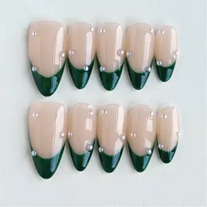 10pcs Handmade Press On Nails Acrylic Nail Art - Medium Length Almond Nude Beige & Dark Green Gradient French Tip Nails, Handcrafted Pearl Accent Decor Elegant Minimalist Style, for Daily Wear & Office with Jelly Glue & Nail File