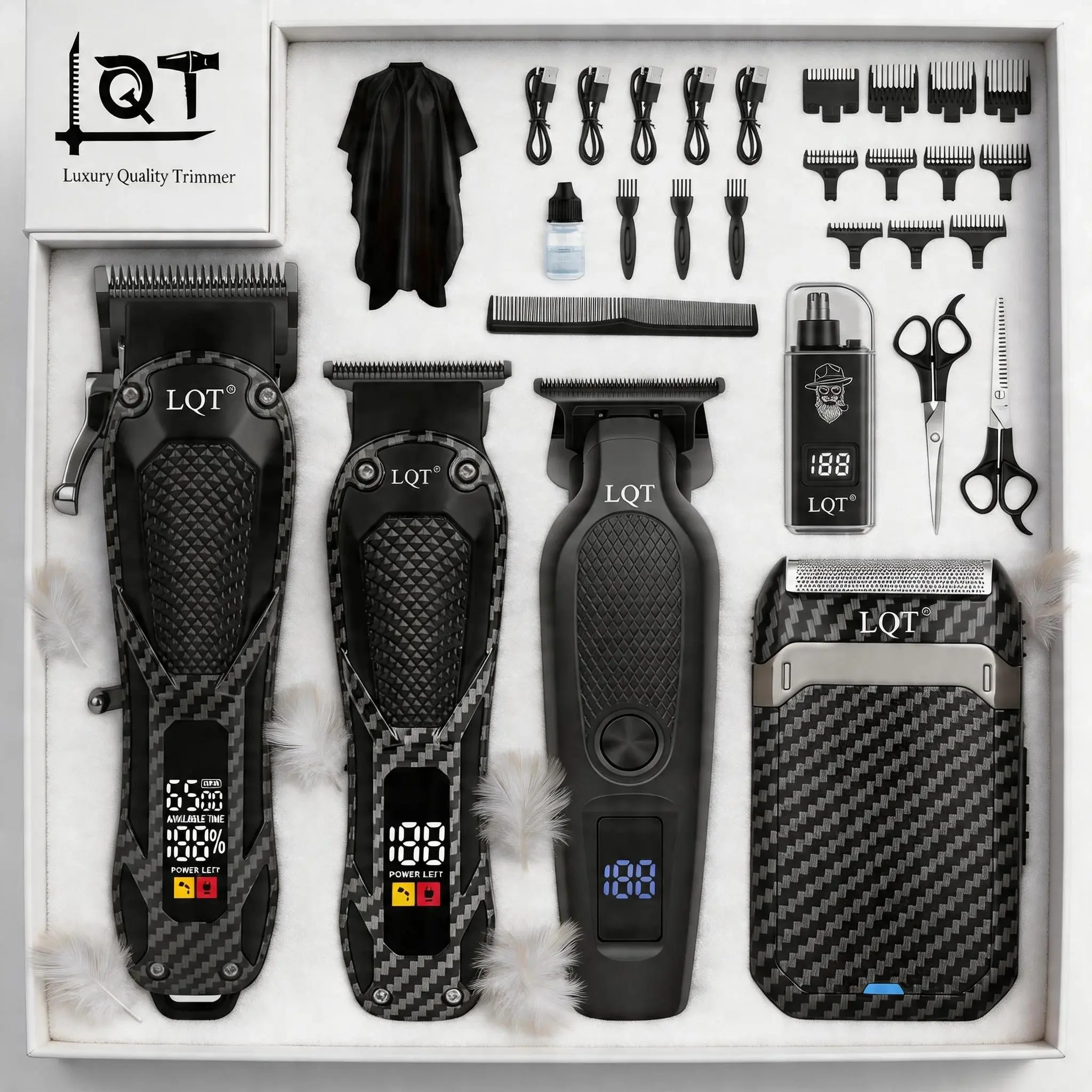 LQT Men's 5-in-1 Professional Wireless Rechargeable Grooming Kit - Cordless Carbon Fiber Grip Hair Clipper with Barber-Grade 0-Gap Blades, USB Fast Charging Cables, LED Display, Barber Cape, Cleaning Oil for At-Home Haircuts & Crisp Lineups