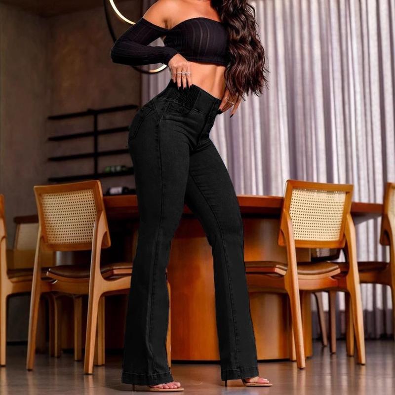 2025 European and American Cross-border Elastic Waist High Waist Stretch Tight Flared Butt-lifting Denim Pants Jeans Girl Womenswear Basic Black