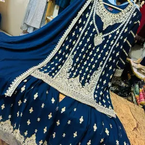 Chiffon Gorgeous Heavy Work Gharara Suit in Navy Blue with Star Embroidery Design Medium Womenswear