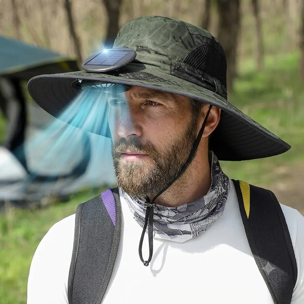[Flash Deals] Tukio 2026 Cooling Solar Powered Fan Cap for Men, Wide Brim Waterproof Sun Hat for Fishing Hiking, 3-Speed Wind Adjustable Hat, Father's Day Gift