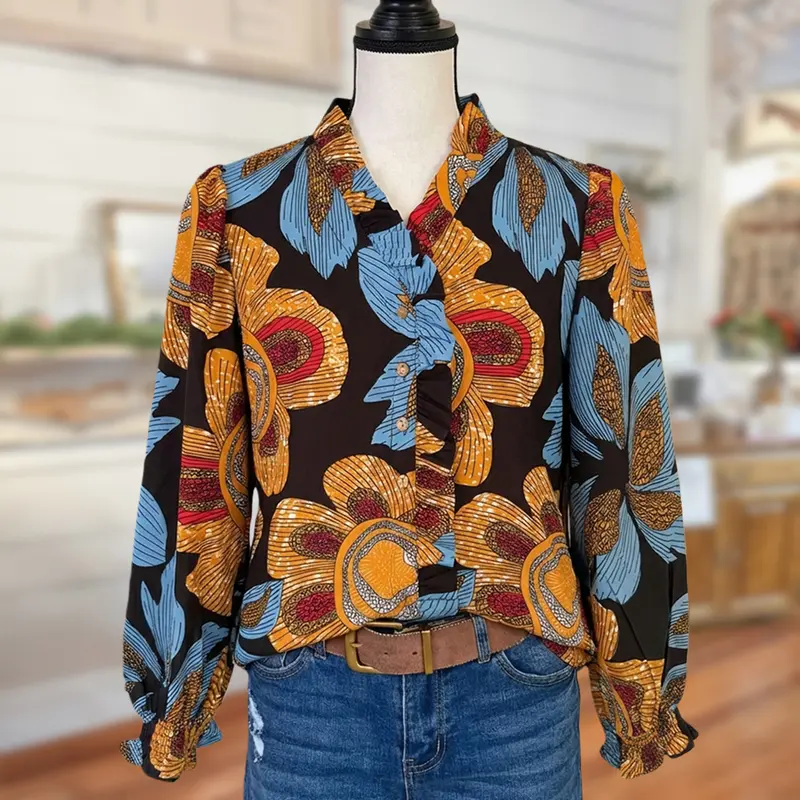 SageVell Women's Long-Sleeve Vibrant Floral Printed Cotton Blouse - Fitted Viscose-Cotton Fabric, Ruffled Classic V-Neck, Button-Up Front, Medium Length, Multicolor, Office-Appropriate OOTD Top