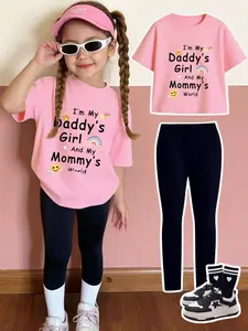 Girls' Sweet Pet Parenting Two-Piece Set, Casual Fashion Set, Soft Round Neck Short Sleeve Top & Tight Pants, Casual Cartoon Style