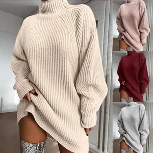 Women's stand up collar sweater dress, off shoulder long sleeved knitted pullover, ribbed dress
