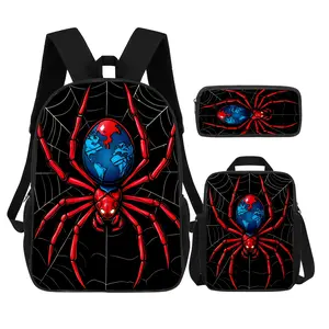 3pcs 17" Unisex Backpack Set, Cool Spider Pattern Backpack Include Lunch Box & Pencil Case, Adjustable Straps, Zip Closure, Fashion Casual Backpack Ideal for Office Commuting Brithday Gifts & Travel Picnic