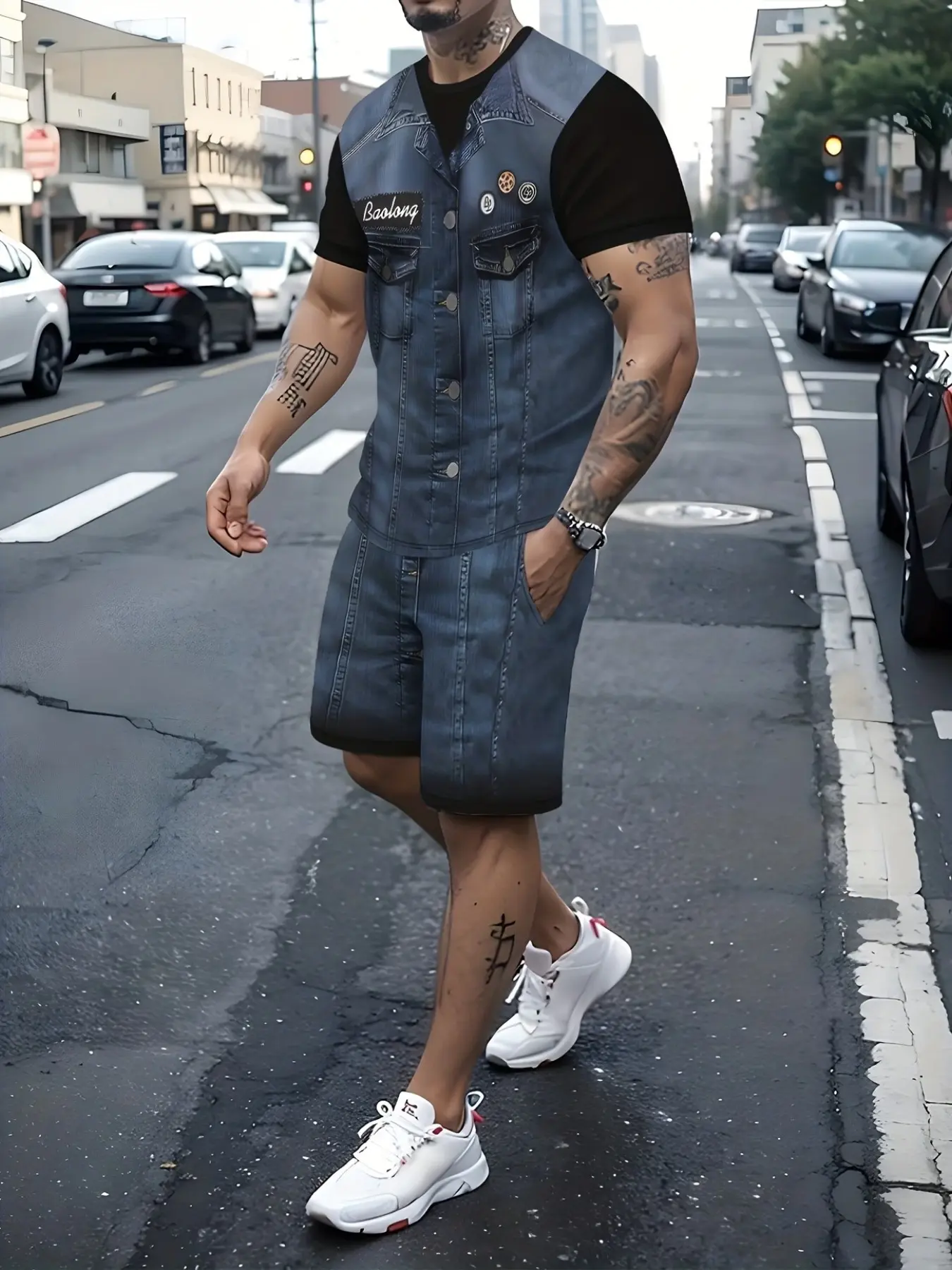Men's Fashion Denim Belted Shorts Set Tops, Street Style Casual Wear, Versatile and Unique, Graphic Tee and Short Pants Combo