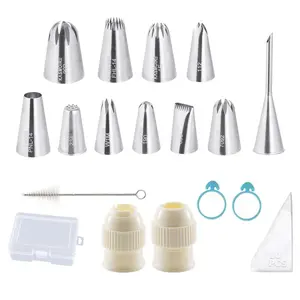 11 Pack Large Piping Tips Set, Stainless Steel Icing Tips with 10 Disposable Pastry Bags, Stainless Steel Professional Cake Decorating Tips Set, Frosting Tip Cake Icing Tools for Cupcakes Cakes Cookies