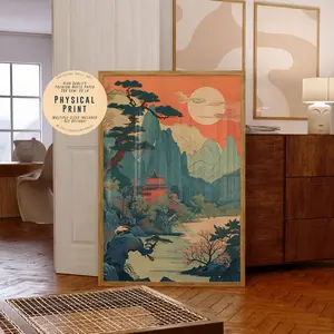 Oriental Linework, Korean Art Print: Mountain River Landscape, Room Decor, Unframed 5 size, 8x12 to 27x40 inch