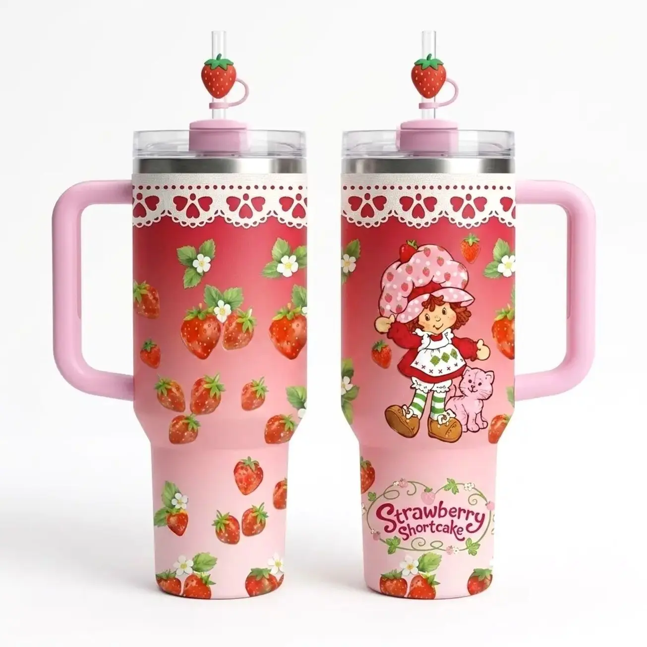 Pink Strawberry Cartoon Tumbler 40oz with Handle